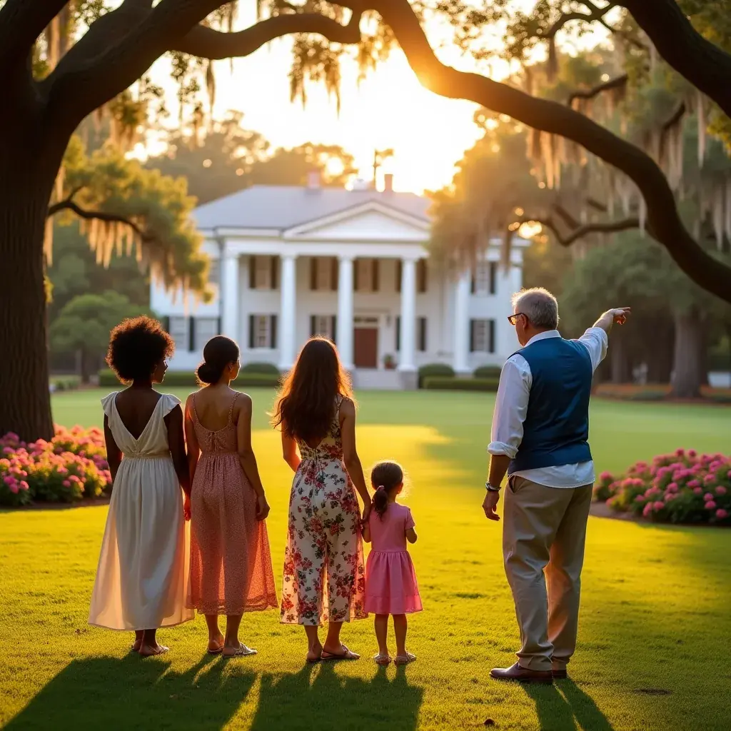 Историческое поместье с ухоженными садами и колоннами.